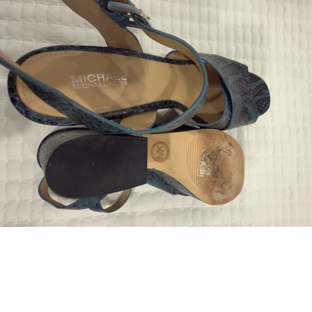 Michael Kors‎ Blue Snakeskin Embossed Leather Platform Block Heel Sandals 7M